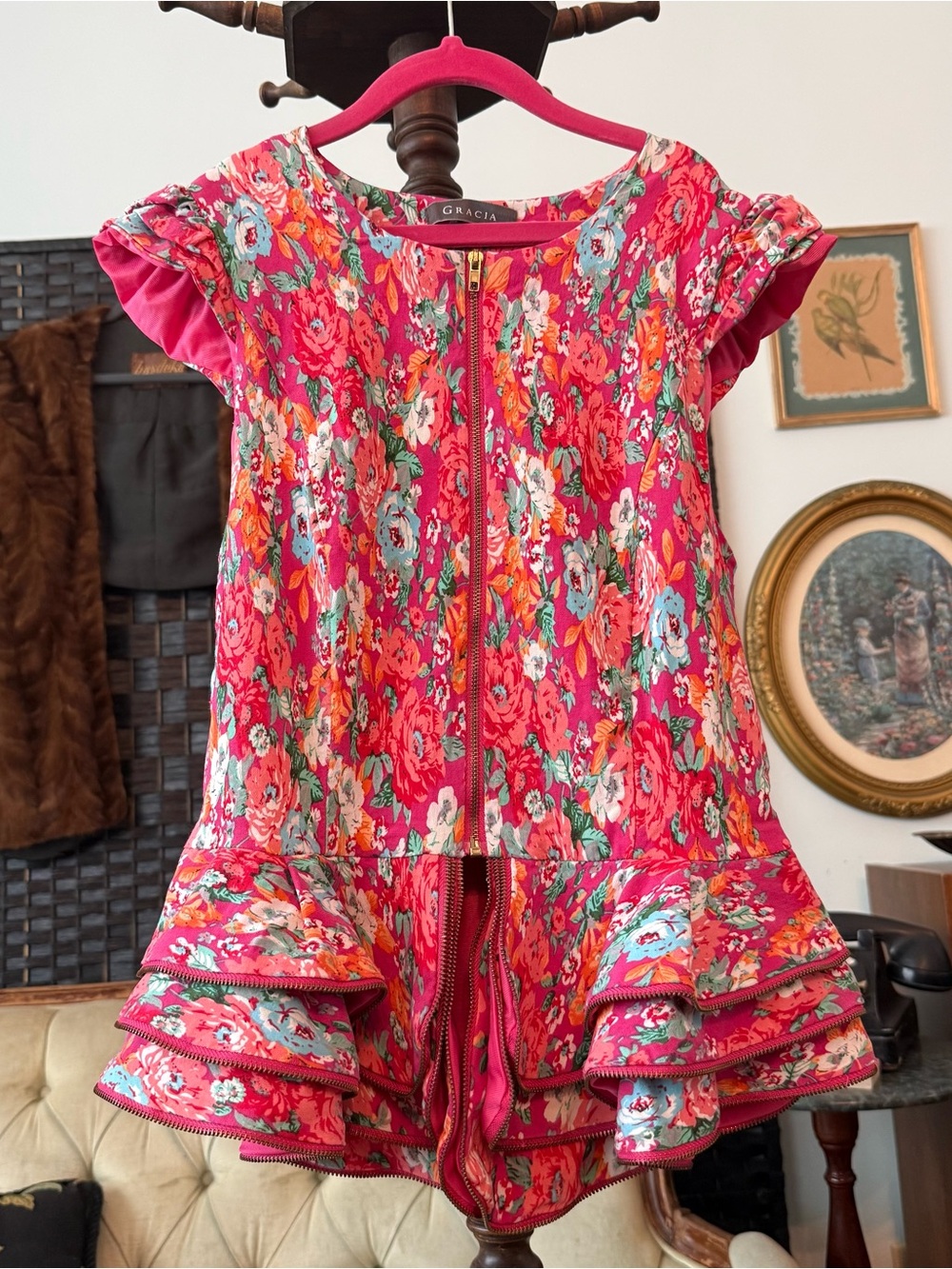 🌸 Gracia Floral Zip Front Peplum Top Ruffle Hem Cottagecore Garden Party Small